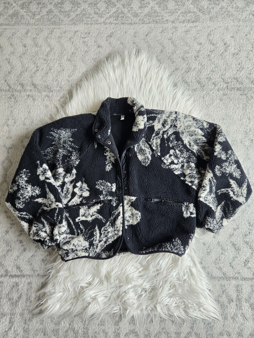 Free People Movement Hit The Slopes Fleece Black Floral Toile Print Jacket